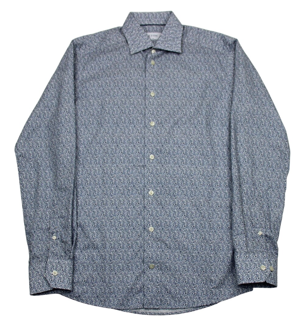 $280 Eton Shirt Mens 15 38 Blue Floral Print Slim Fit Dress Long Sleeve Cotton